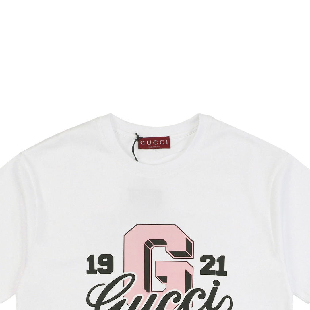 Gucci 25SS 1921 Pink G Collegiate Logo Print Short Sleeve Tee