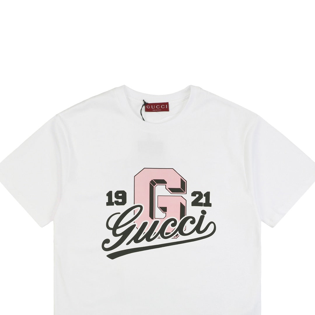 Gucci 25SS 1921 Pink G Collegiate Logo Print Short Sleeve Tee