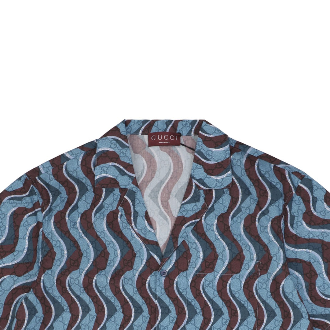 Gucci 25SS Wavy Serpentine Stripe Print Short Sleeve Camp Shirt