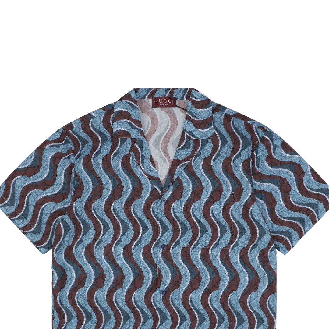 Gucci 25SS Wavy Serpentine Stripe Print Short Sleeve Camp Shirt