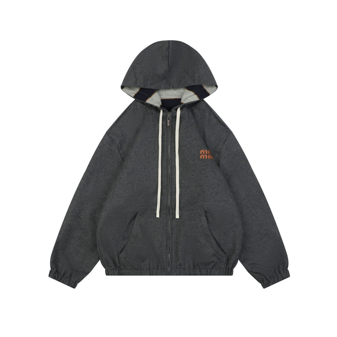 Miu Miu 26FW Navy Stripe Reversible Hooded Jacket — Charcoal Side