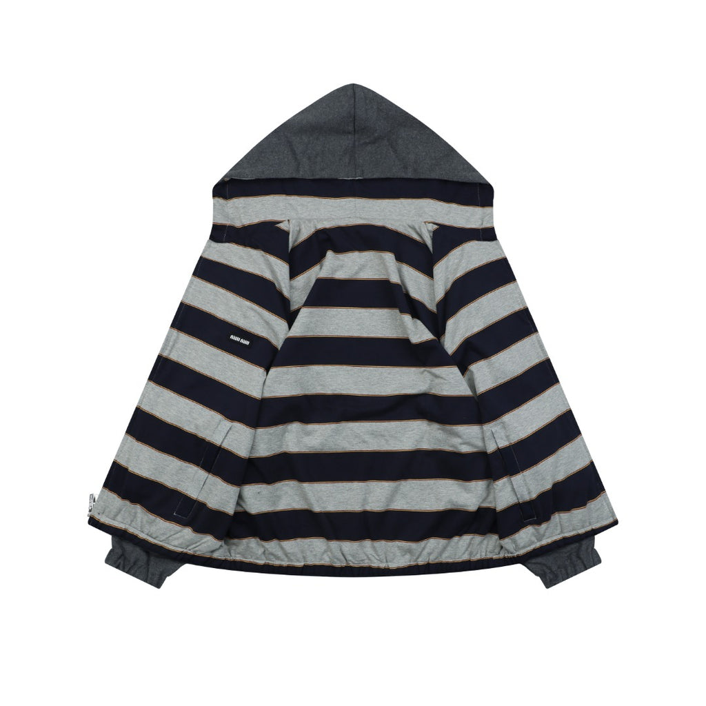 Miu Miu 26FW Navy Stripe Reversible Hooded Jacket — Charcoal Side
