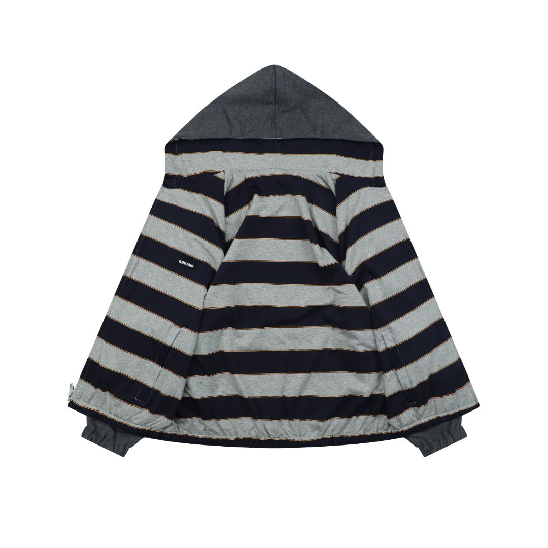 Miu Miu 26FW Navy Stripe Reversible Hooded Jacket — Charcoal Side