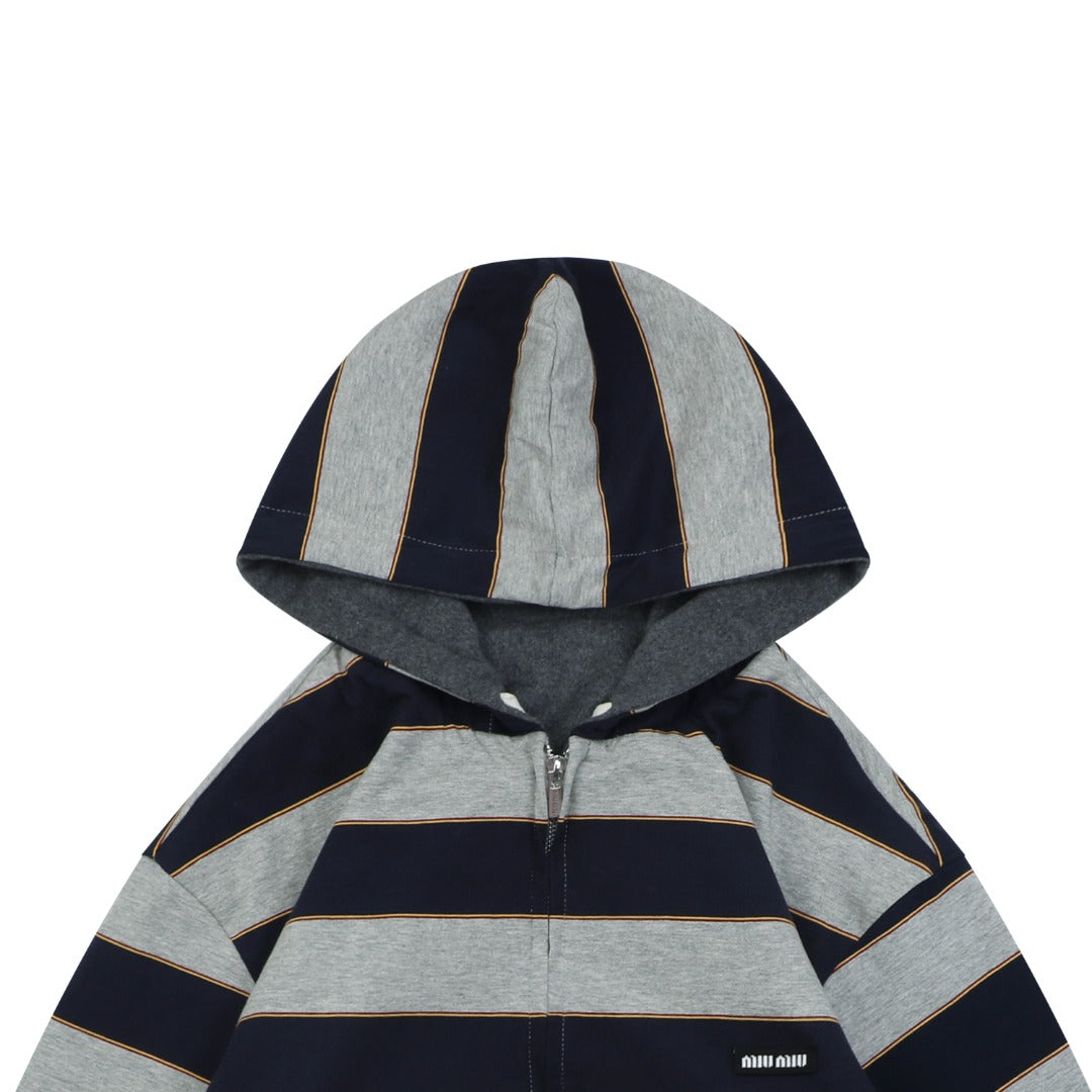 Miu Miu 26FW Navy Stripe Reversible Hooded Jacket — Charcoal Side