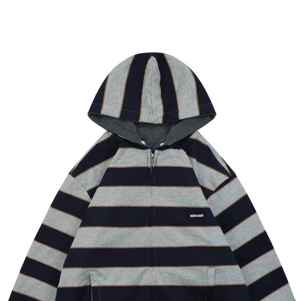 Miu Miu 26FW Navy Stripe Reversible Hooded Jacket — Charcoal Side