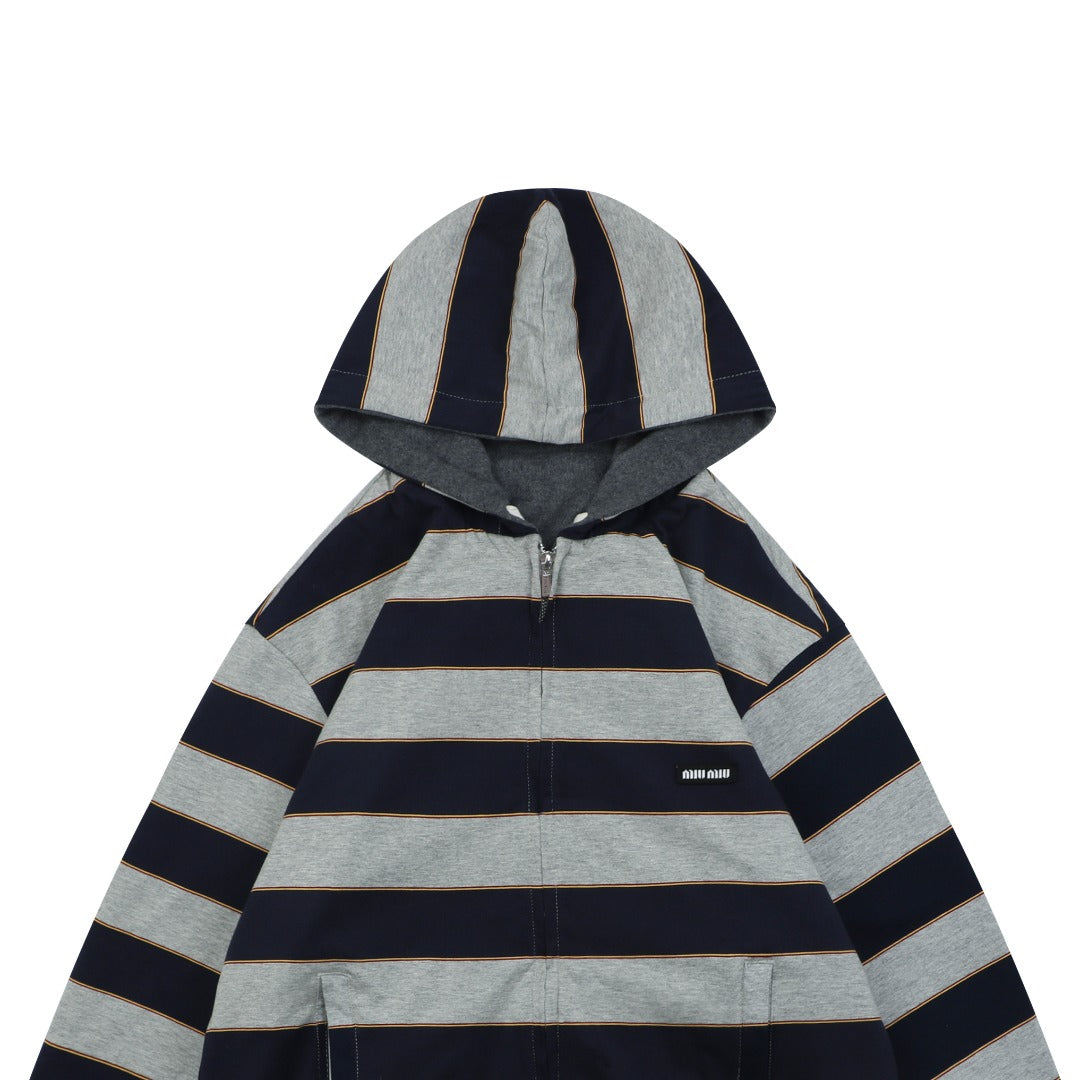 Miu Miu 26FW Navy Stripe Reversible Hooded Jacket — Charcoal Side