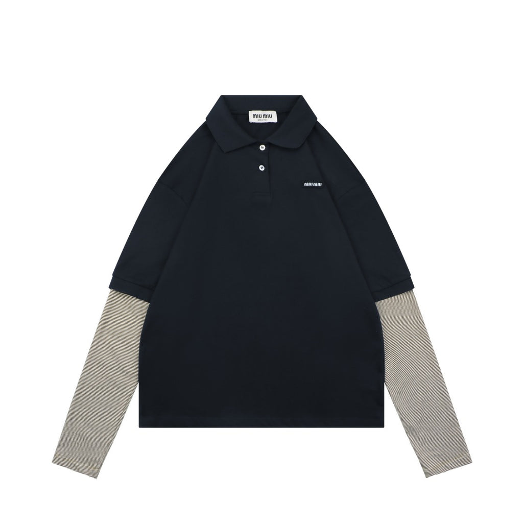Miu Miu 26FW Navy Stripe Faux Two-Piece Polo Long Sleeve Top