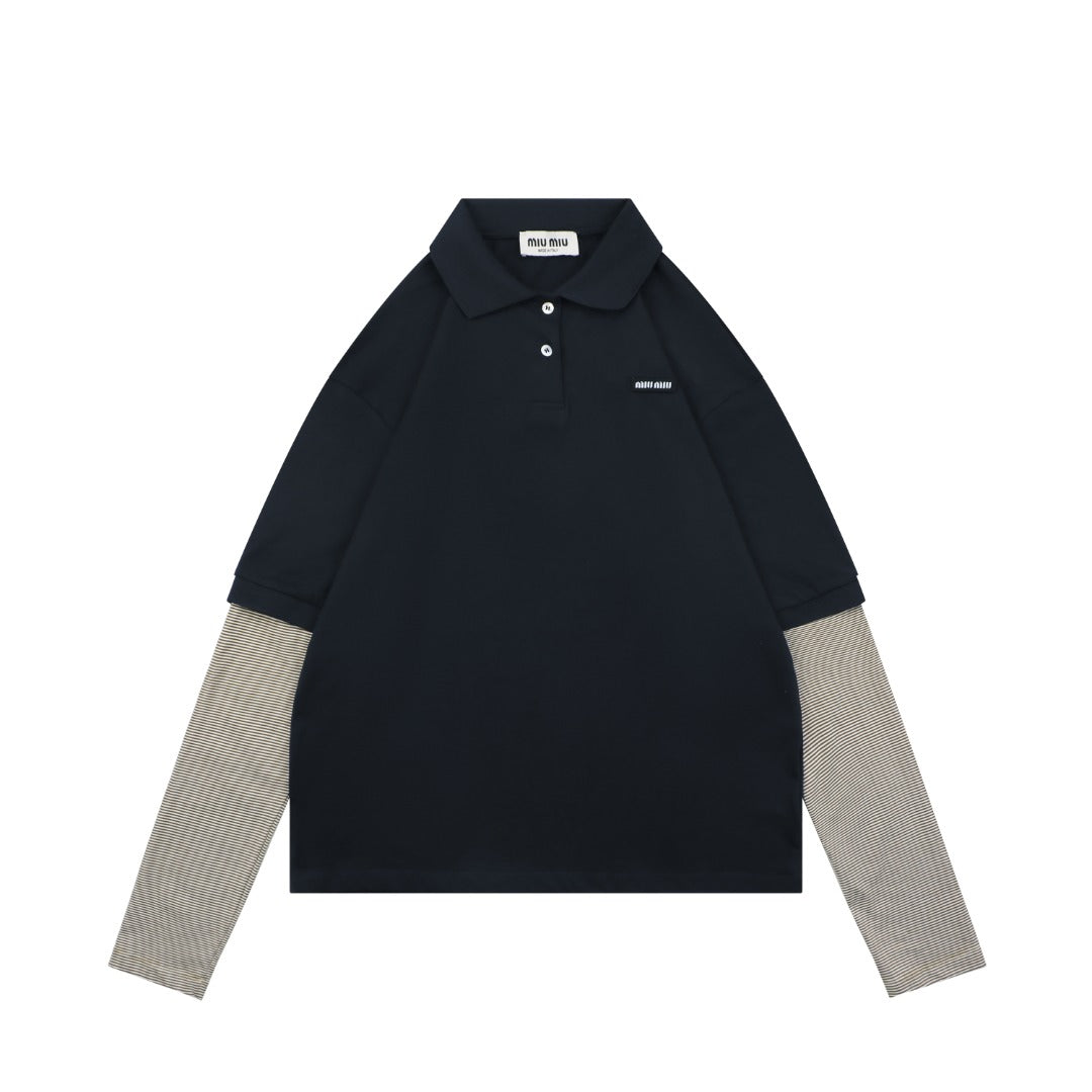 Miu Miu 26FW Navy Stripe Faux Two-Piece Polo Long Sleeve Top
