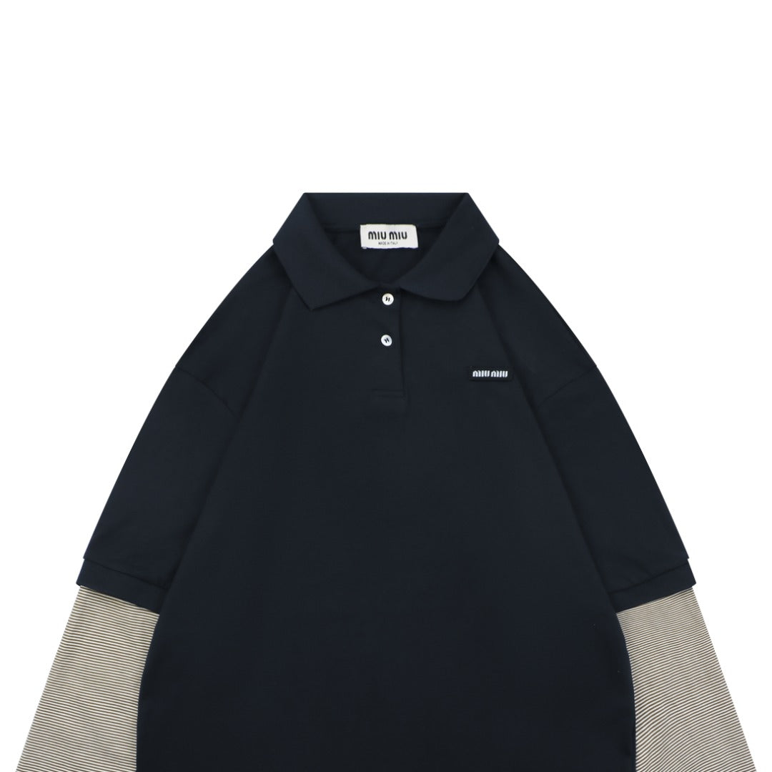 Miu Miu 26FW Navy Stripe Faux Two-Piece Polo Long Sleeve Top
