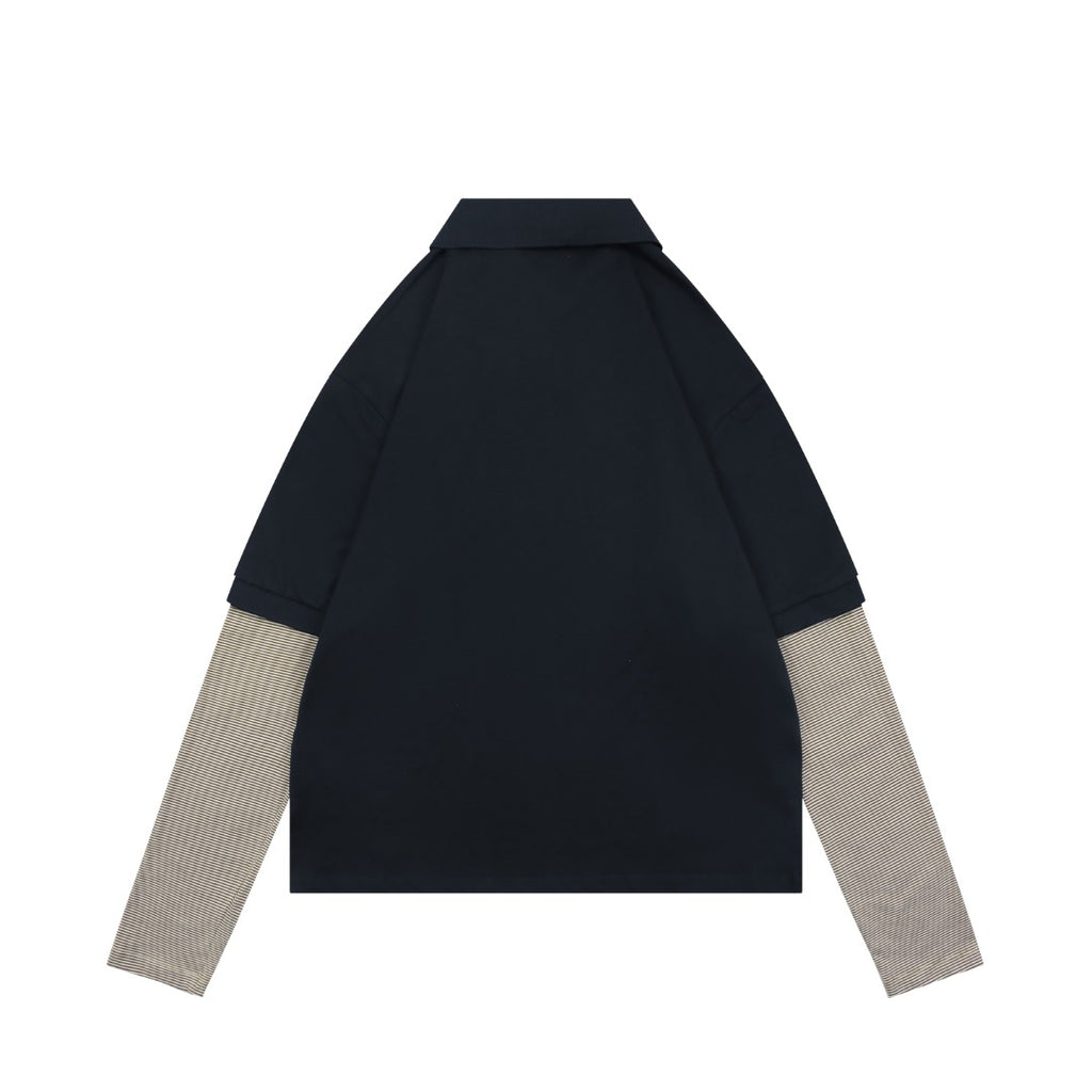 Miu Miu 26FW Navy Stripe Faux Two-Piece Polo Long Sleeve Top