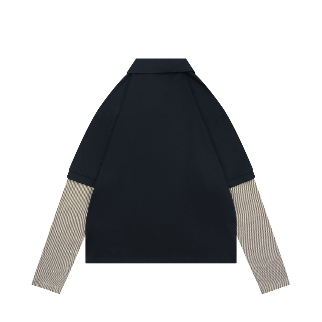 Miu Miu 26FW Navy Stripe Faux Two-Piece Polo Long Sleeve Top