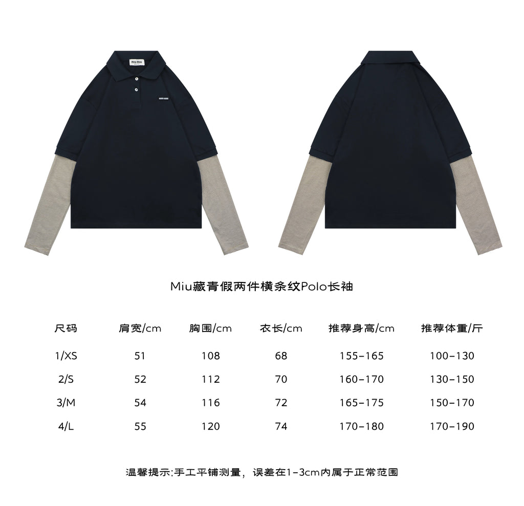 Miu Miu 26FW Navy Stripe Faux Two-Piece Polo Long Sleeve Top