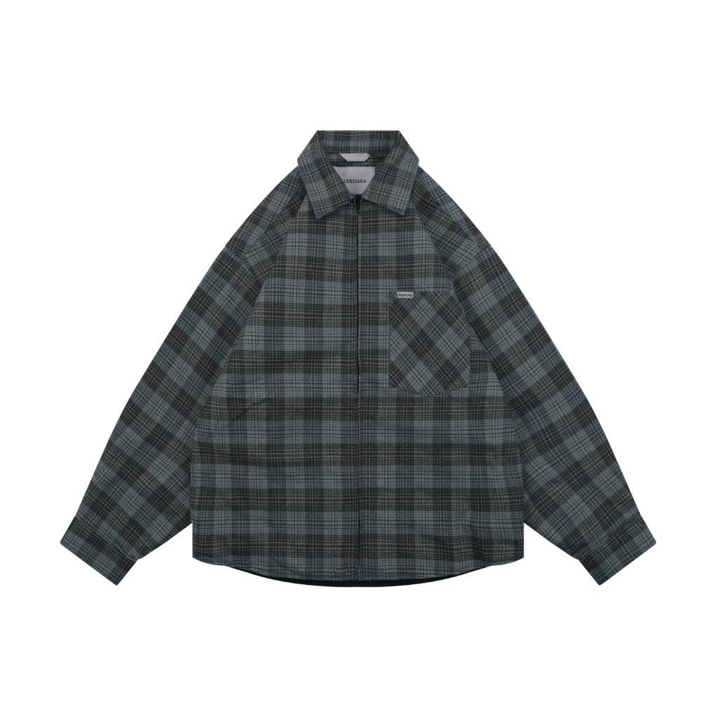 Balenciaga Paris Blue-Grey Check Padded Overshirt Jacket