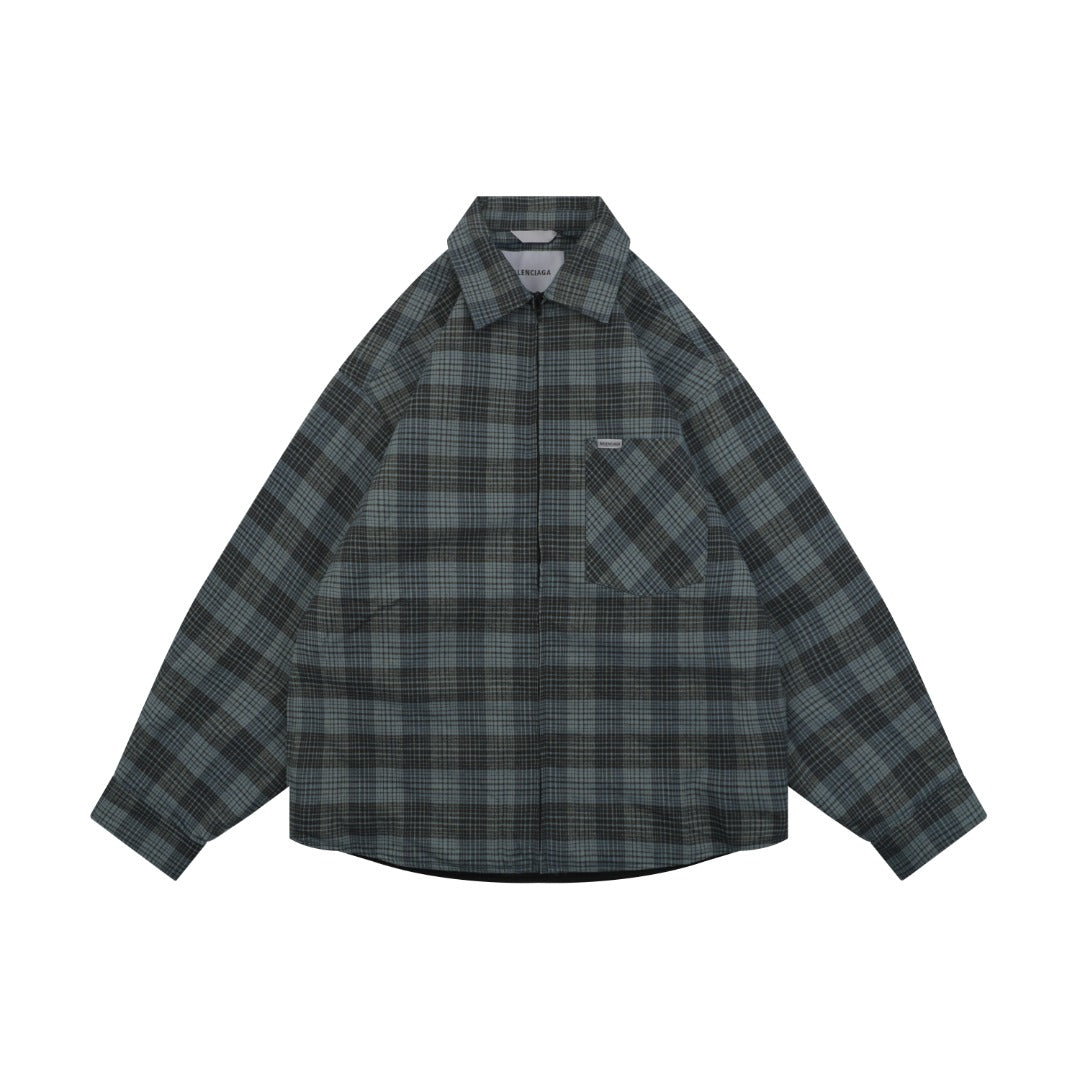 Balenciaga Paris Blue-Grey Check Padded Overshirt Jacket