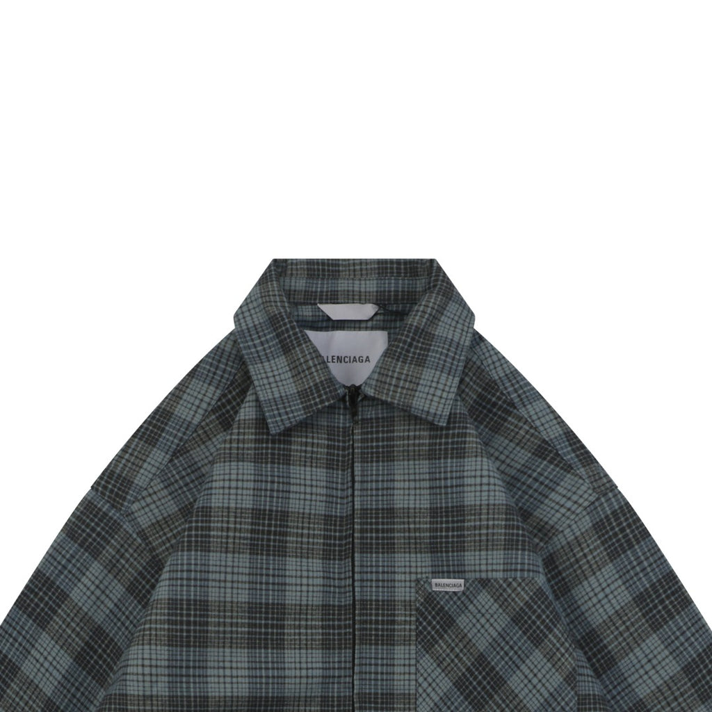 Balenciaga Paris Blue-Grey Check Padded Overshirt Jacket