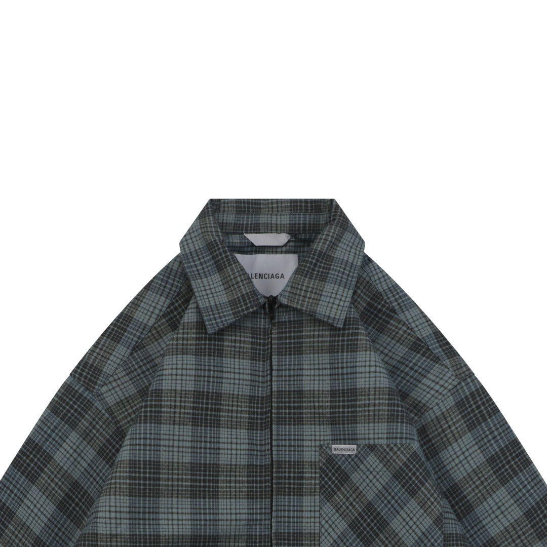 Balenciaga Paris Blue-Grey Check Padded Overshirt Jacket