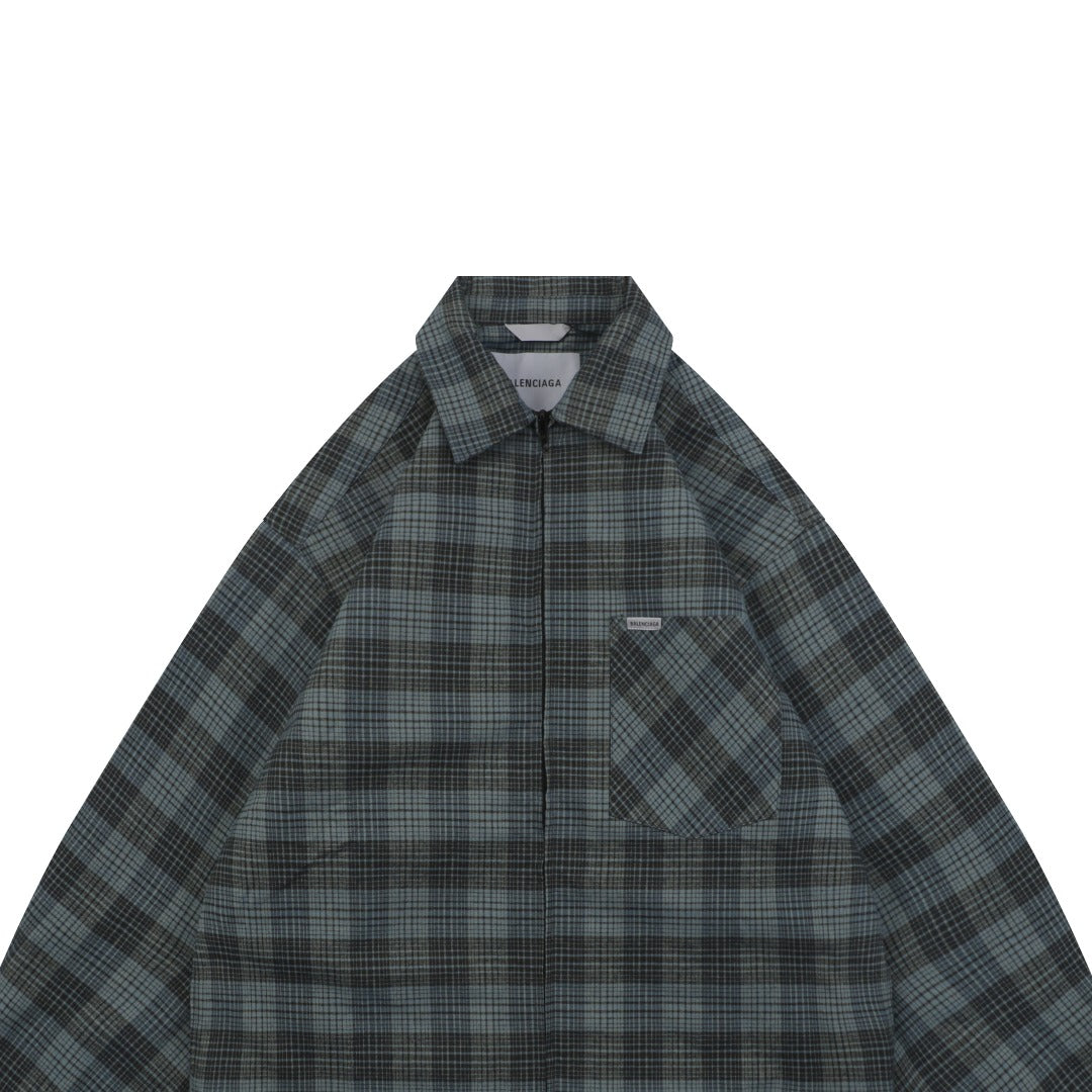 Balenciaga Paris Blue-Grey Check Padded Overshirt Jacket