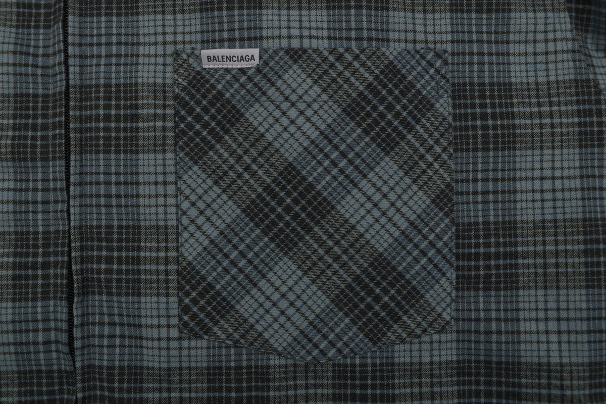 Balenciaga Paris Blue-Grey Check Padded Overshirt Jacket