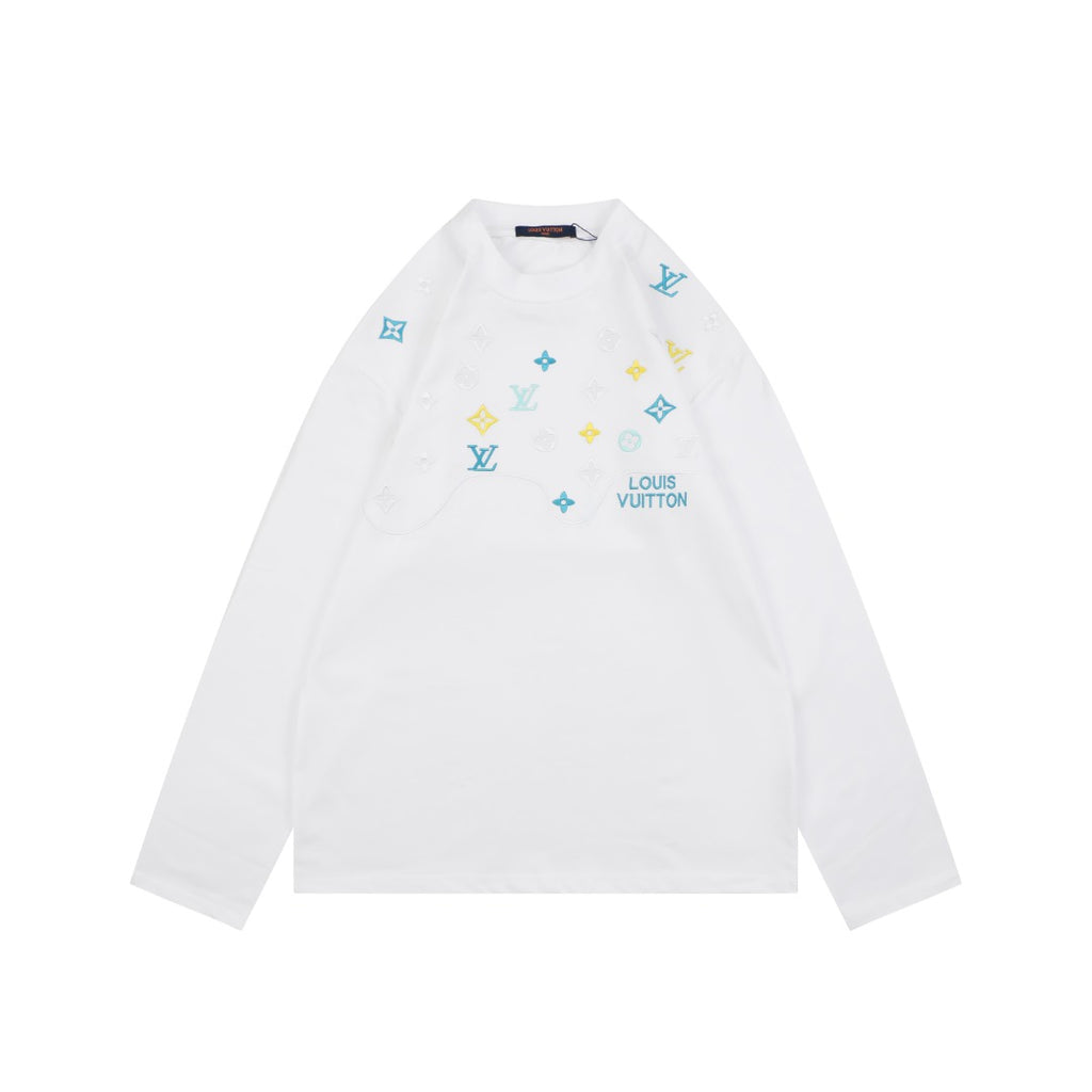 Louis Vuitton Layered Yellow-Blue Monogram Embroidery Long Sleeve Tee — White