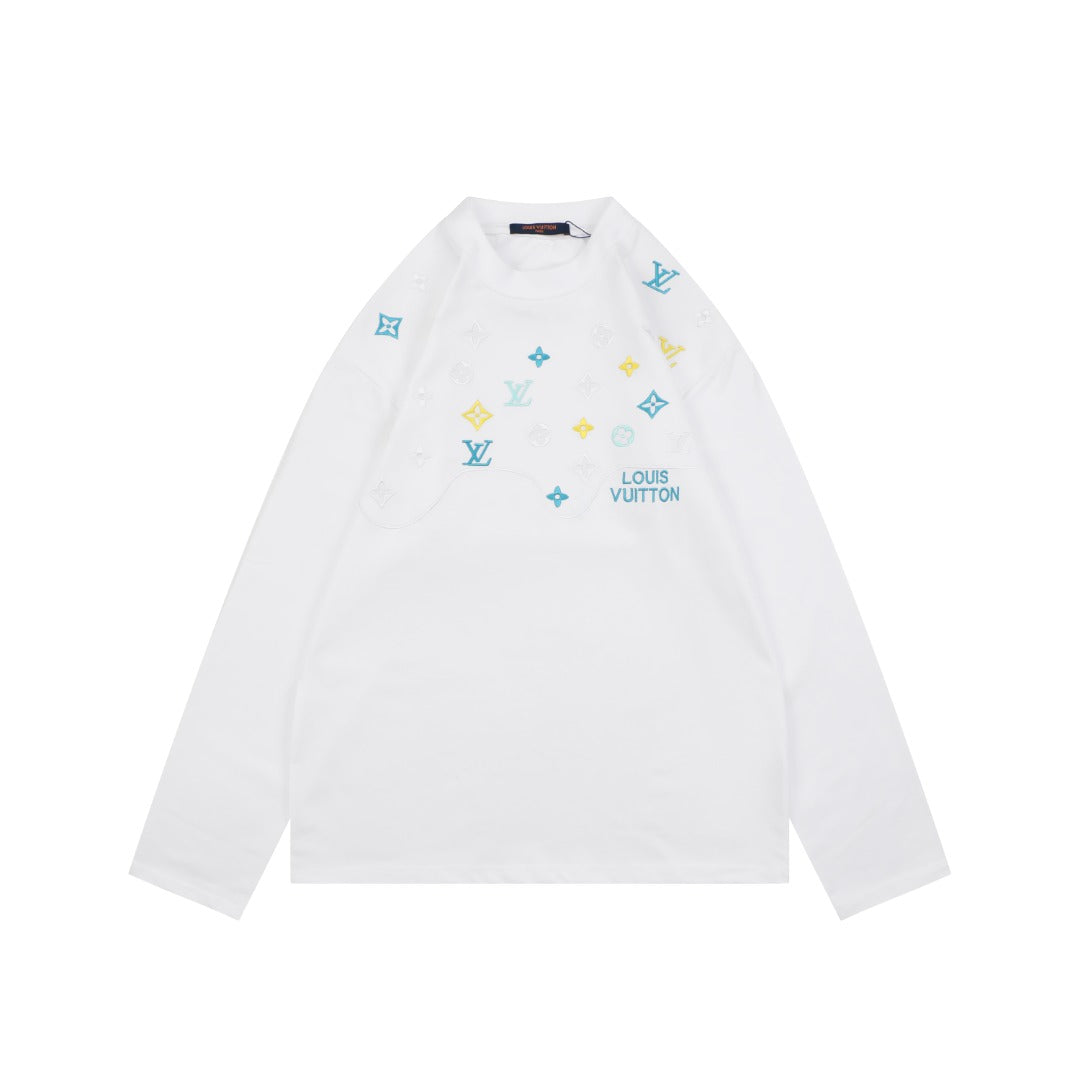 Louis Vuitton Layered Yellow-Blue Monogram Embroidery Long Sleeve Tee — White