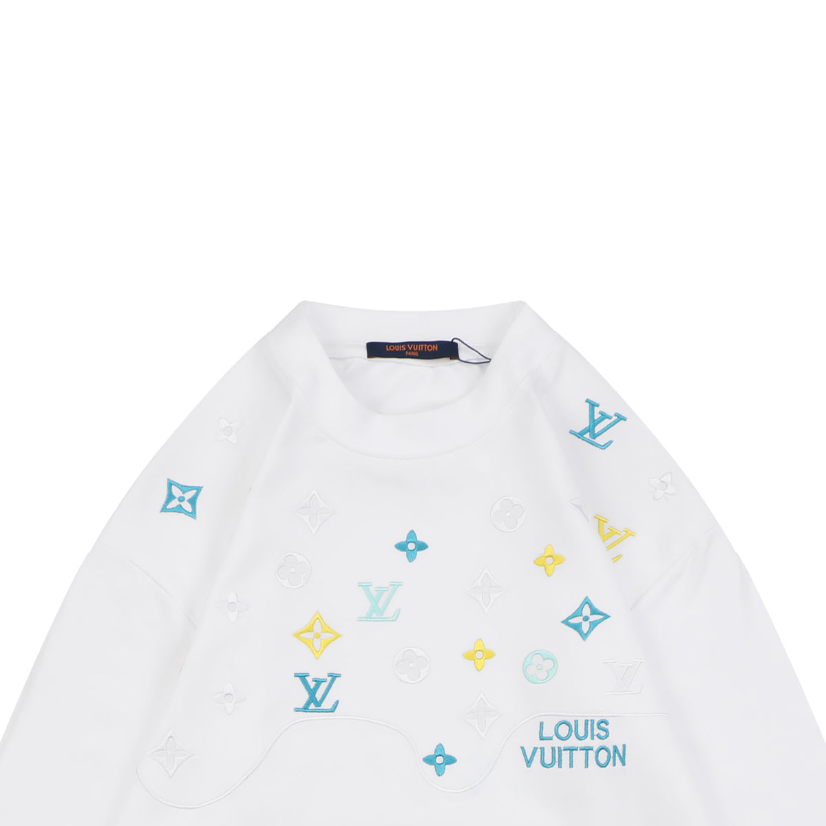 Louis Vuitton Layered Yellow-Blue Monogram Embroidery Long Sleeve Tee — White
