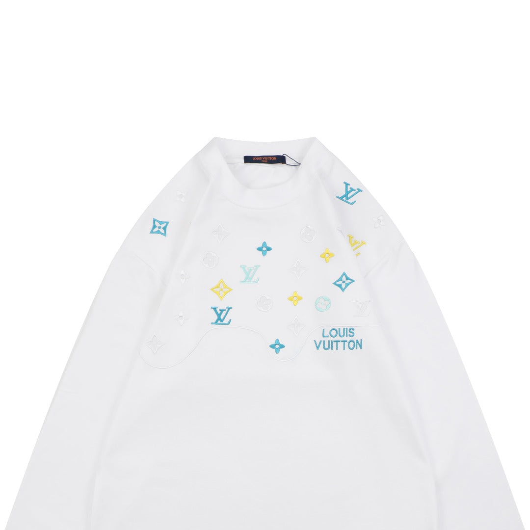 Louis Vuitton Layered Yellow-Blue Monogram Embroidery Long Sleeve Tee — White