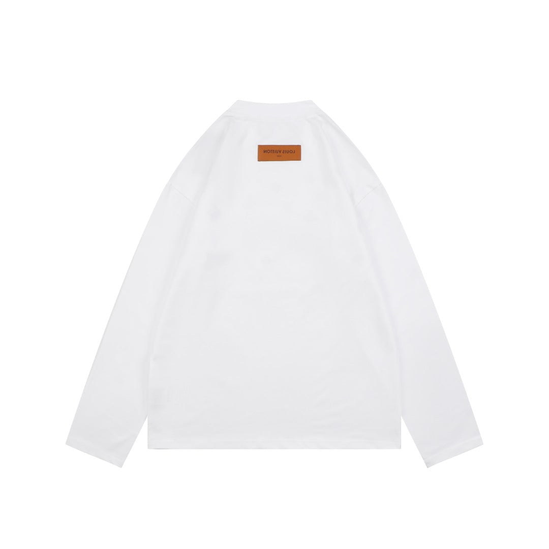 Louis Vuitton Layered Yellow-Blue Monogram Embroidery Long Sleeve Tee — White