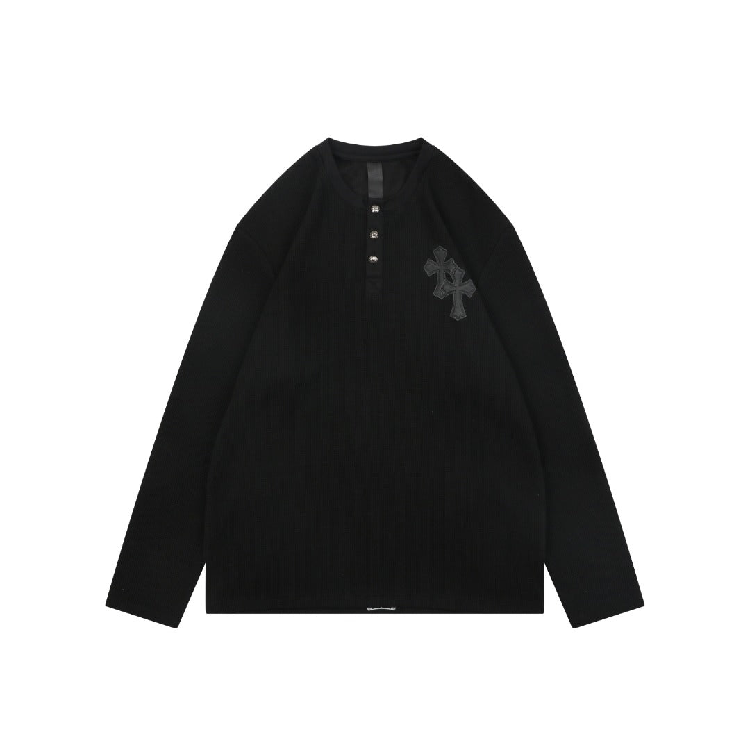 Chrome Hearts Cross Leather Patch Waffle Henley Long Sleeve — Black