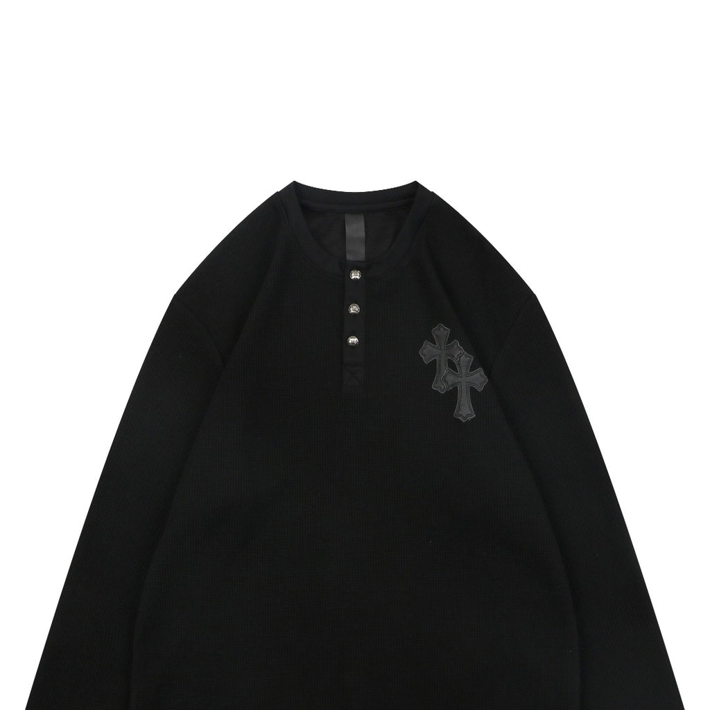 Chrome Hearts Cross Leather Patch Waffle Henley Long Sleeve — Black