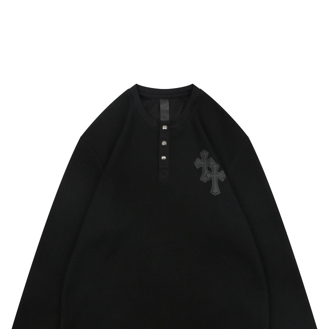 Chrome Hearts Cross Leather Patch Waffle Henley Long Sleeve — Black
