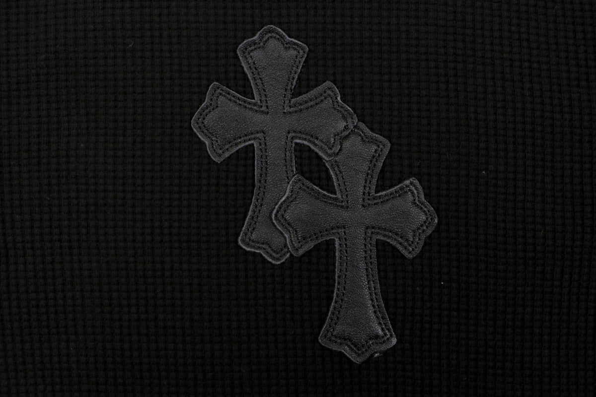 Chrome Hearts Cross Leather Patch Waffle Henley Long Sleeve — Black