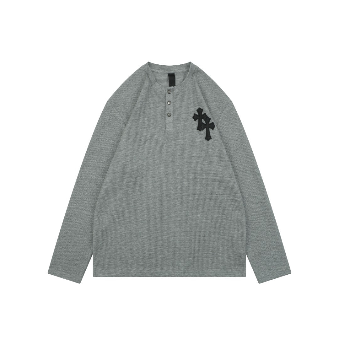 Chrome Hearts Cross Leather Patch Waffle Henley Long Sleeve — Grey