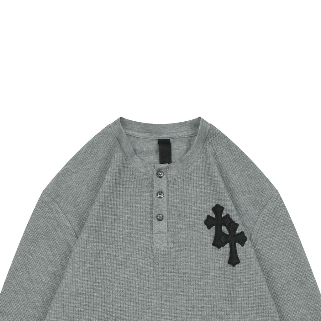 Chrome Hearts Cross Leather Patch Waffle Henley Long Sleeve — Grey