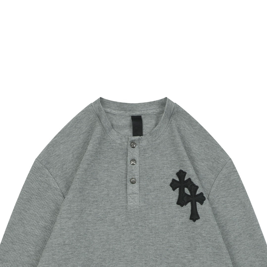 Chrome Hearts Cross Leather Patch Waffle Henley Long Sleeve — Grey