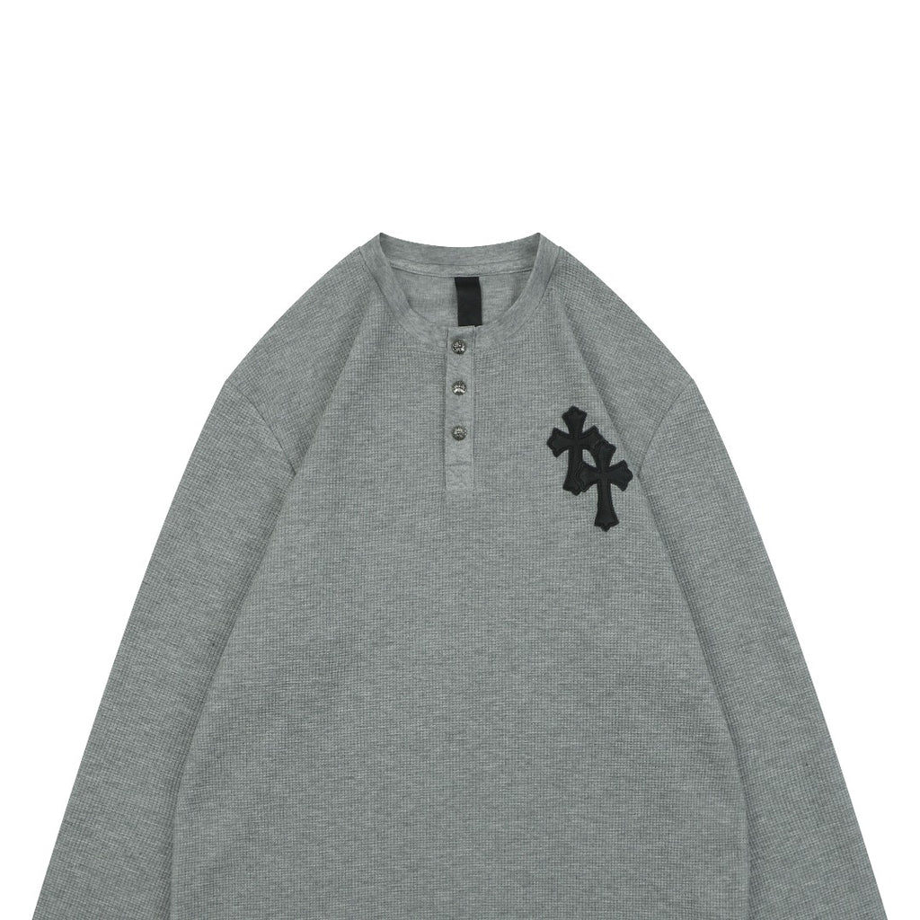 Chrome Hearts Cross Leather Patch Waffle Henley Long Sleeve — Grey
