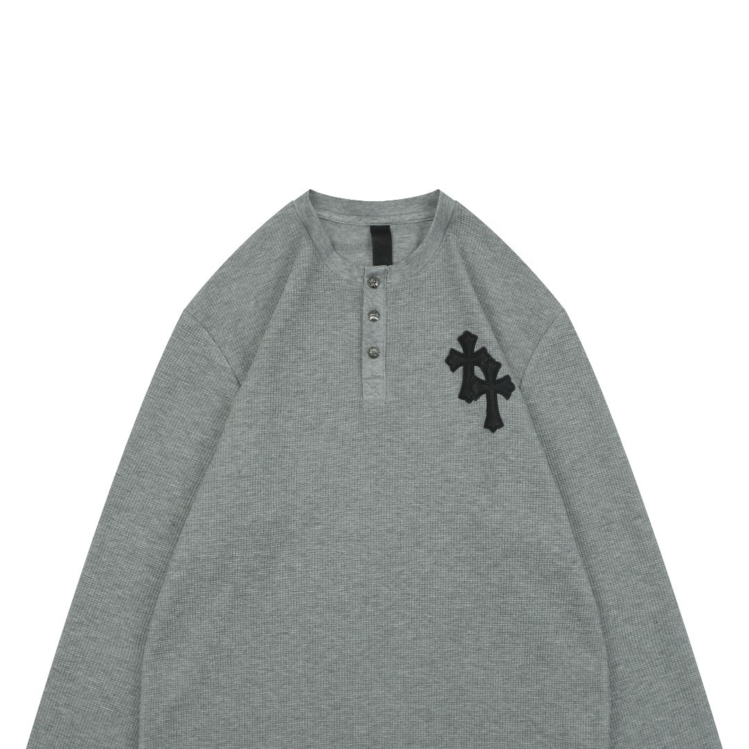 Chrome Hearts Cross Leather Patch Waffle Henley Long Sleeve — Grey