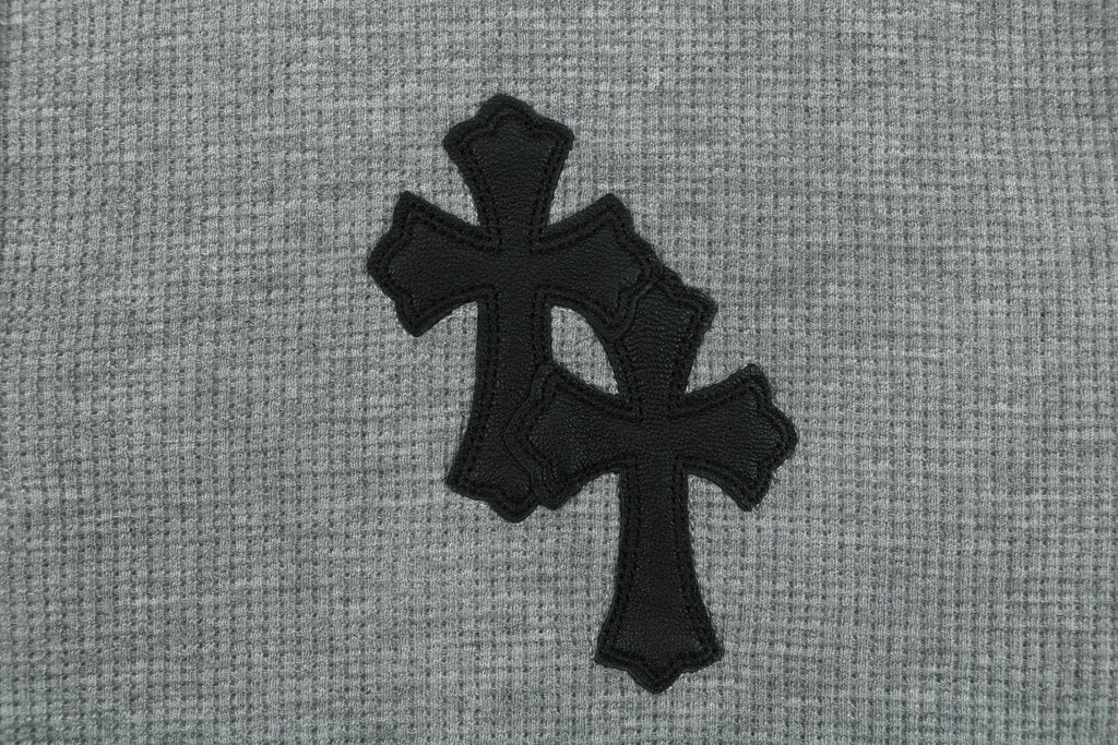 Chrome Hearts Cross Leather Patch Waffle Henley Long Sleeve — Grey