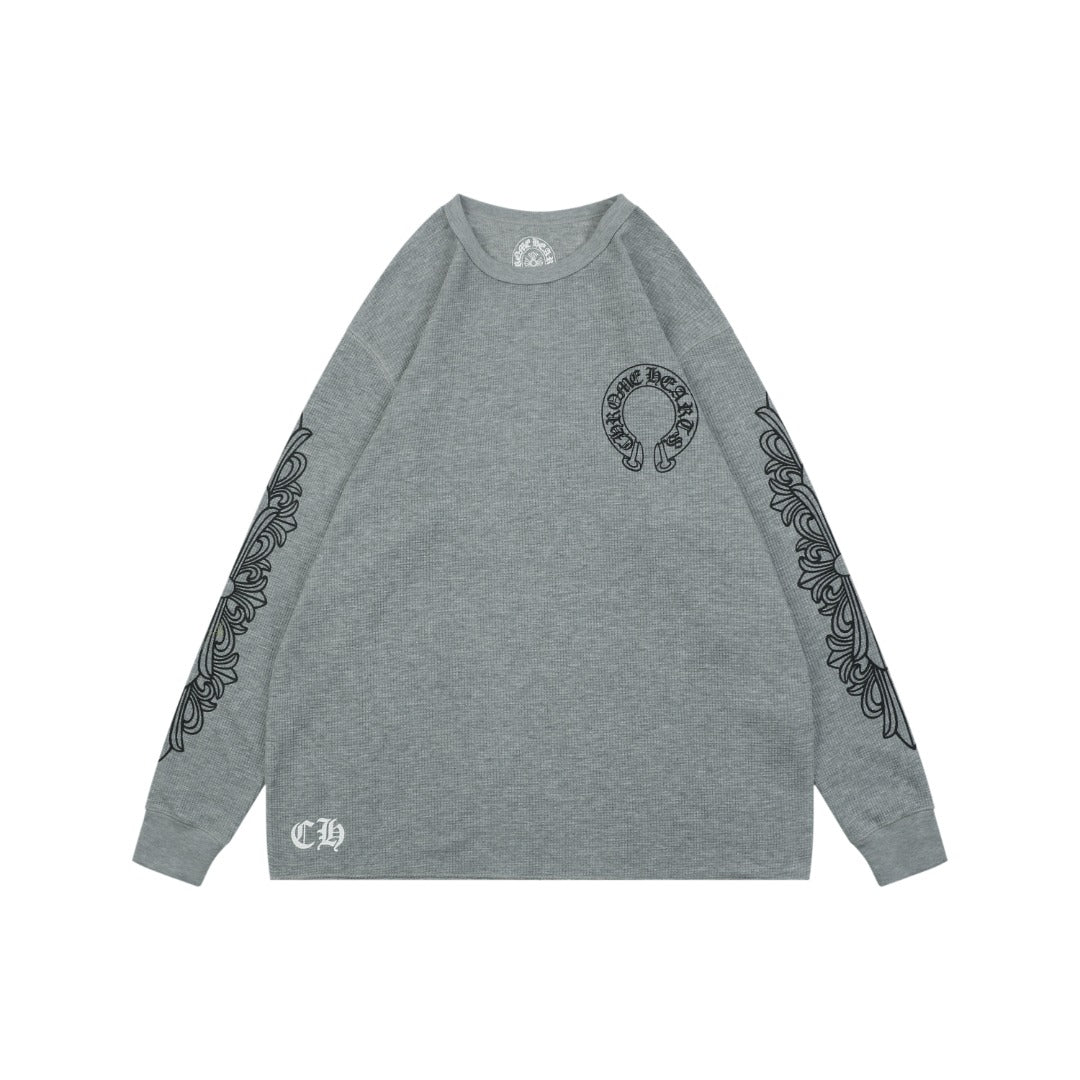 Chrome Hearts Waffle Cross Floral Arm Sanskrit Scroll Print Long Sleeve — Grey