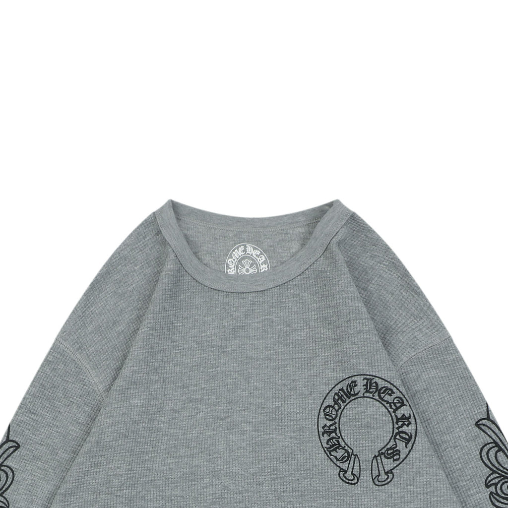 Chrome Hearts Waffle Cross Floral Arm Sanskrit Scroll Print Long Sleeve — Grey