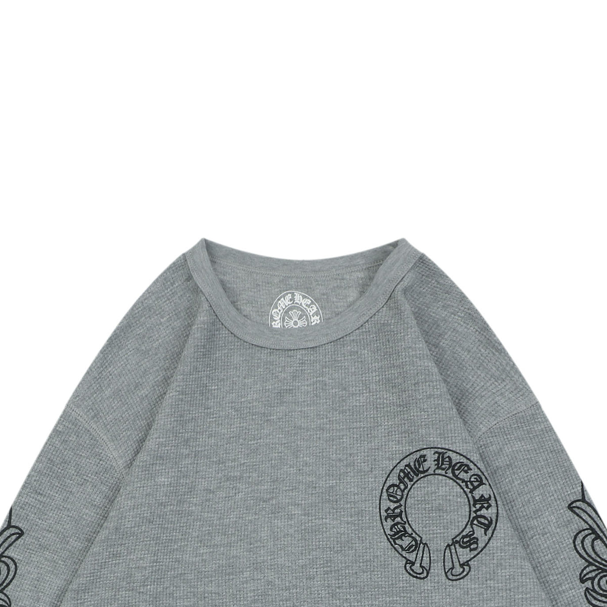 Chrome Hearts Waffle Cross Floral Arm Sanskrit Scroll Print Long Sleeve — Grey