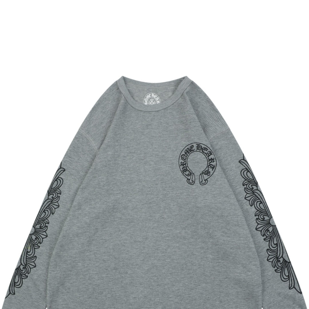 Chrome Hearts Waffle Cross Floral Arm Sanskrit Scroll Print Long Sleeve — Grey