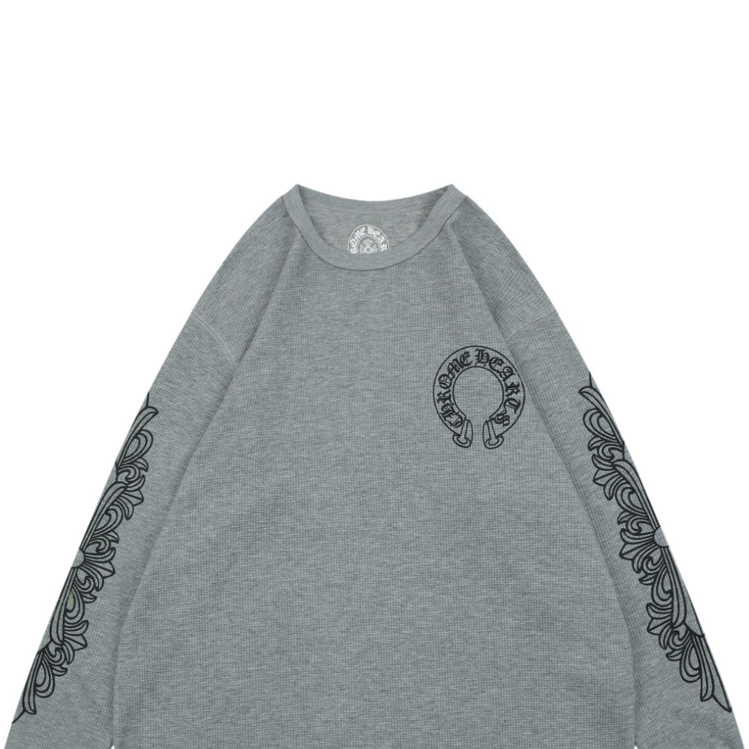 Chrome Hearts Waffle Cross Floral Arm Sanskrit Scroll Print Long Sleeve — Grey