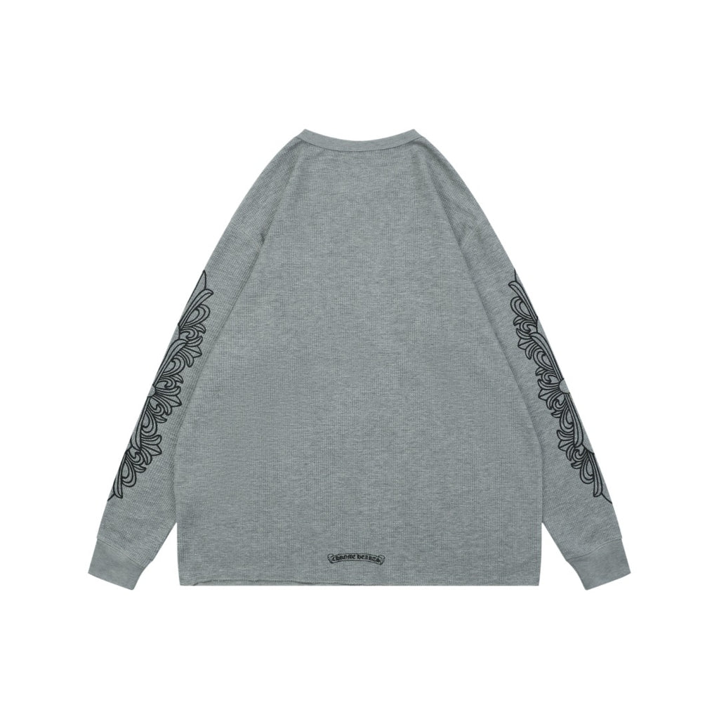 Chrome Hearts Waffle Cross Floral Arm Sanskrit Scroll Print Long Sleeve — Grey