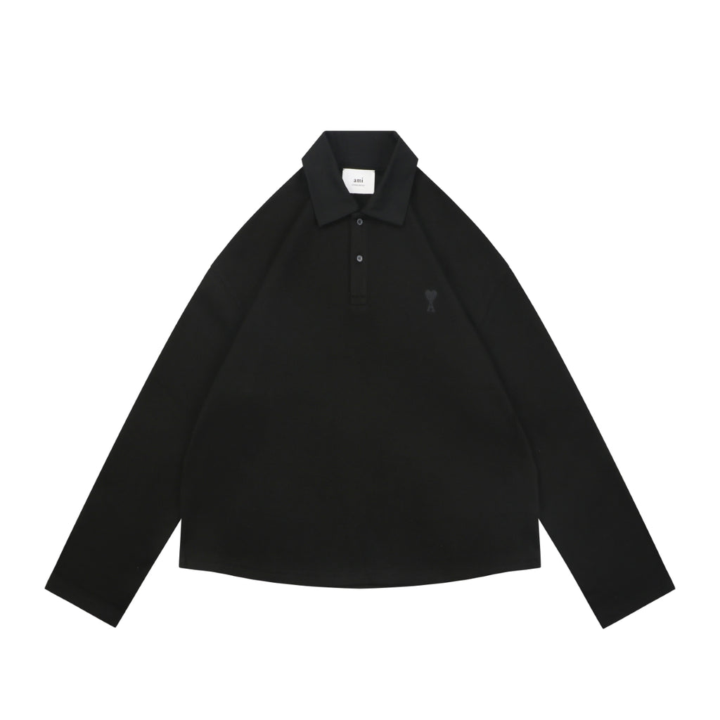 AMI Paris Tonal Heart Texture Relaxed Polo Long Sleeve — Black