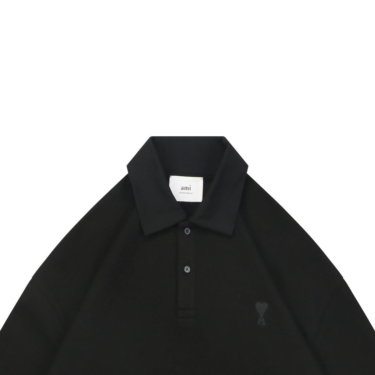 AMI Paris Tonal Heart Texture Relaxed Polo Long Sleeve — Black