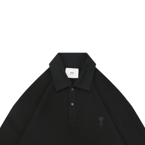AMI Paris Tonal Heart Texture Relaxed Polo Long Sleeve — Black