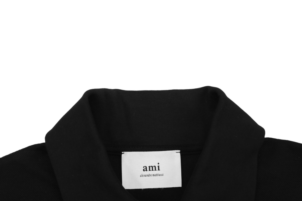 AMI Paris Tonal Heart Texture Relaxed Polo Long Sleeve — Black