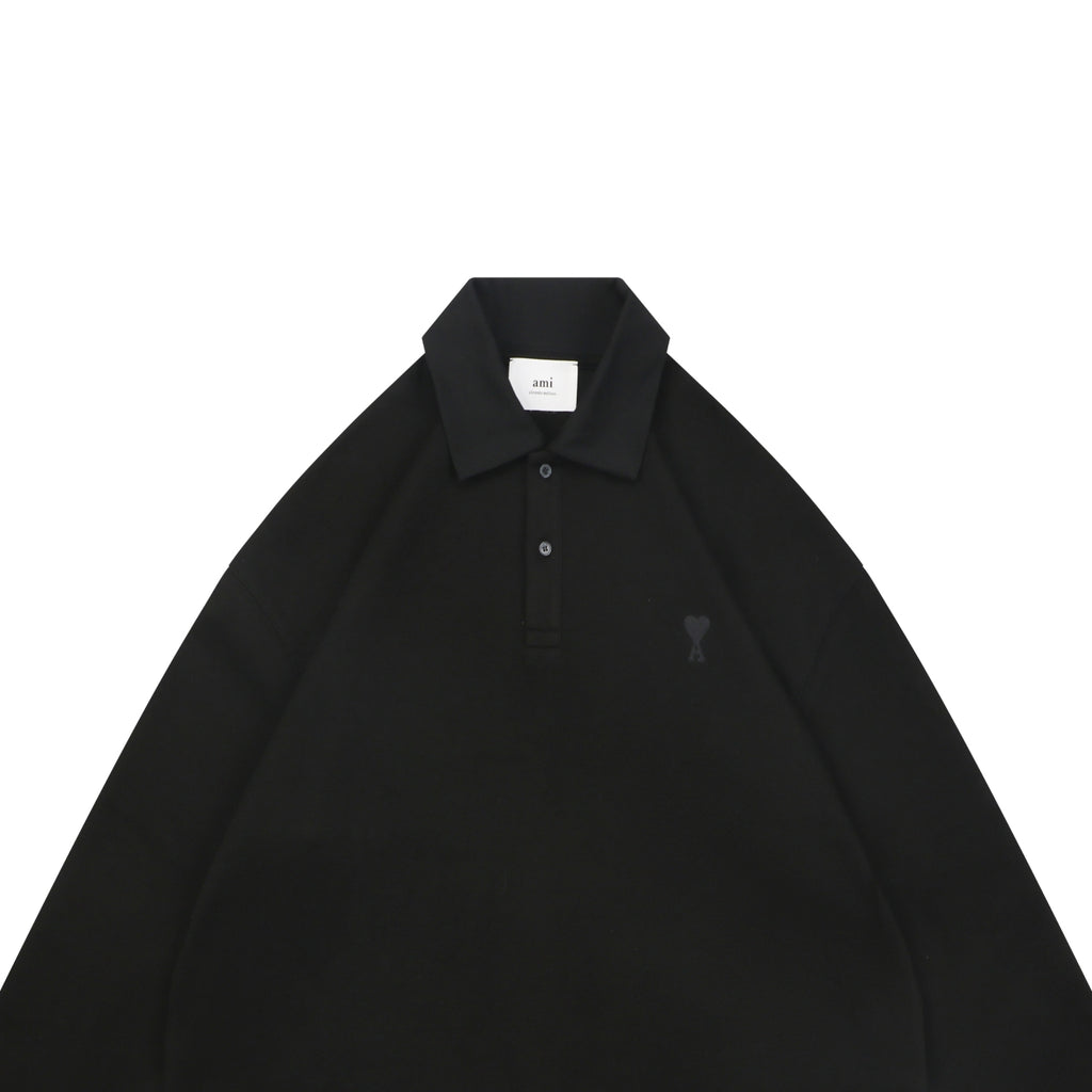 AMI Paris Tonal Heart Texture Relaxed Polo Long Sleeve — Black