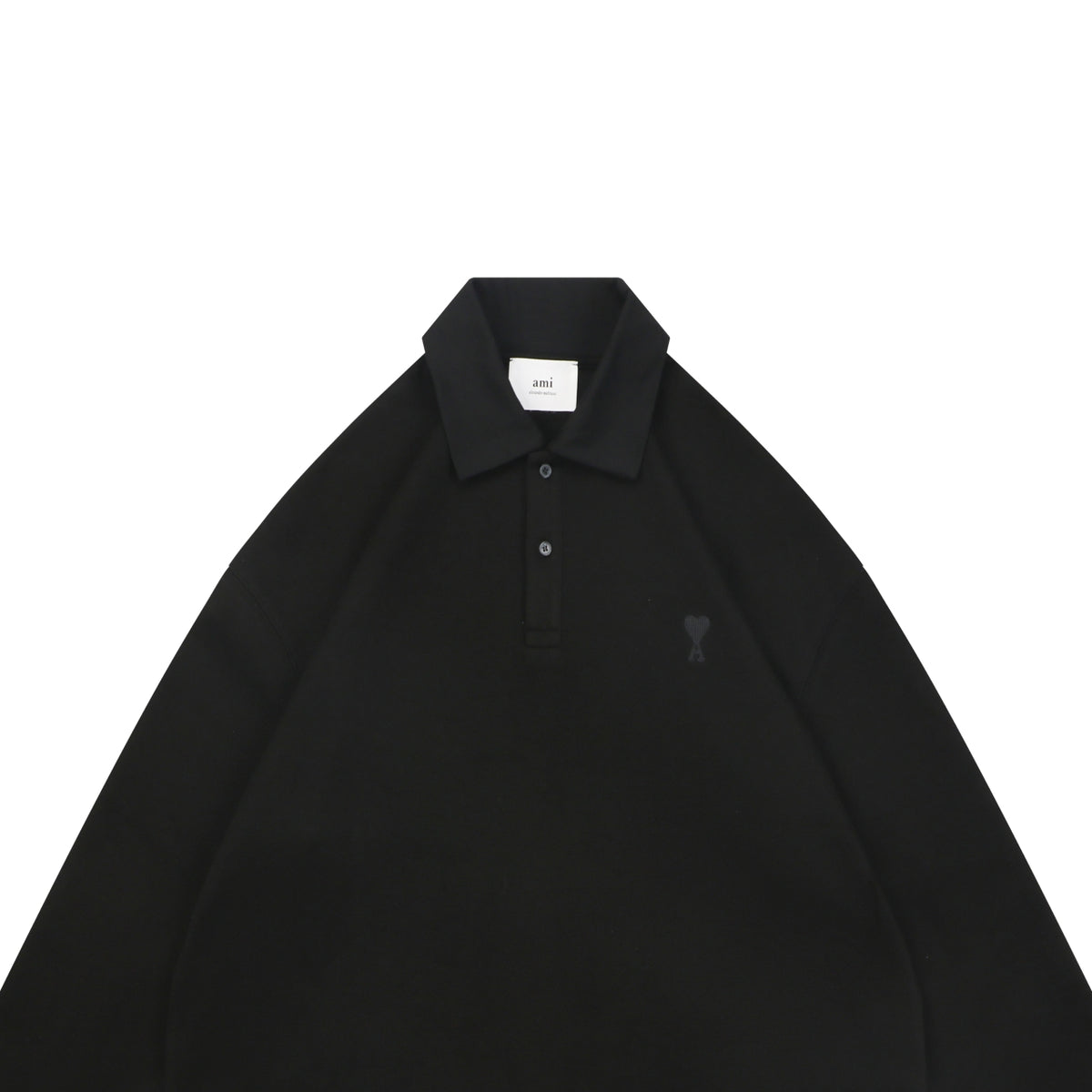 AMI Paris Tonal Heart Texture Relaxed Polo Long Sleeve — Black