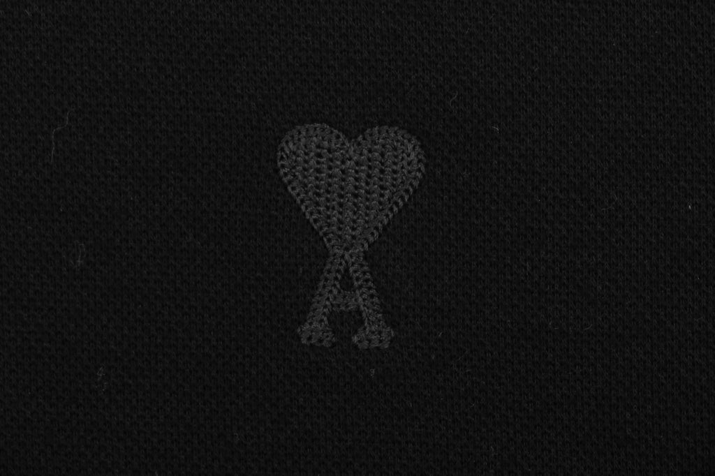 AMI Paris Tonal Heart Texture Relaxed Polo Long Sleeve — Black